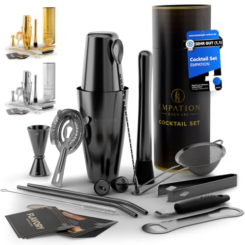 EMPATION Cocktail Shaker Black, 9-piece Cocktail Set with 825 ml Boston Shaker, Cocktail Accessories incl. Recipe Cards, Cocktail Making Kit for Beginners & Professionals, Cocktail Shaker Set