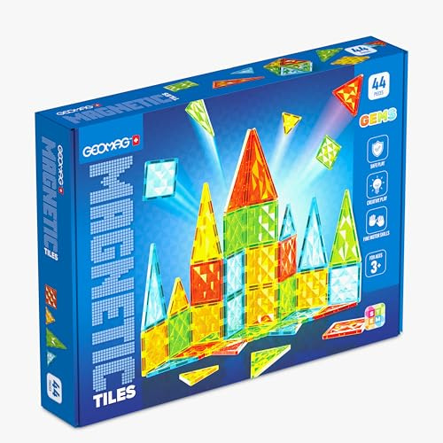 Geomag - Magnetic Tiles Gems 44 Teile, Magnetspiel für Kinder mit Fliesen in 4 Formen, Montessori Spielzeug ab 3 Jahr, Lernspielzeug Stem Spielzeug, Geburtstag und Nikolaus Geschenke Kinder