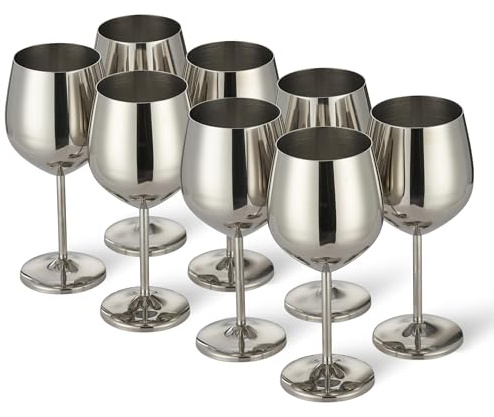 Oak & Steel - 8 Elegante Edelstahl Weingläser (540ml) - Silber - Robust & Unzerbrechlich - Geschenkset für Geburtstage, Hochzeiten, Weihnachten