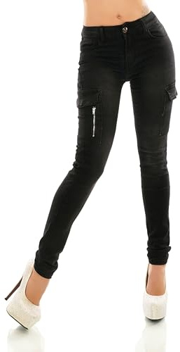 STIDIA Damen Jeans Hose Cargo Look aufgesetzte Taschen Röhrenjeans Skinny Slim Fit Zipper XS S M L XL (DE/NL/SE/PL, Alphanumerisch, M, Regular, Regular, Black Washed-336)