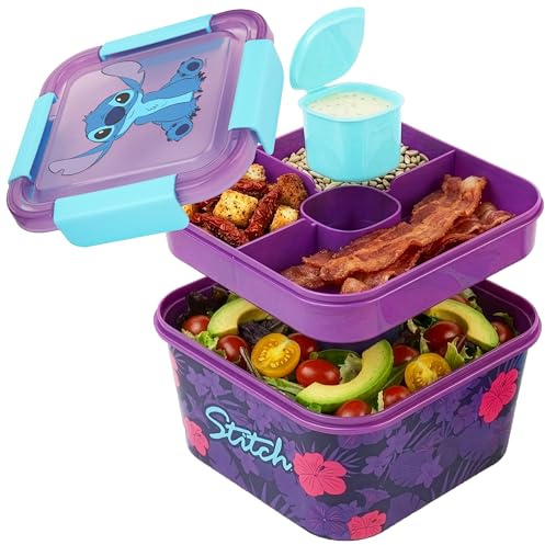 Disney Stitch Bento Box Kinder, 2L Brotdose mit Fächern, Auslaufsicher Snackbox, BPA Frei Lunchbox für Schule und Freizeit, Salatbox mit Dressingbehälter, Geschenk für Mädchen (Multi Stitch)