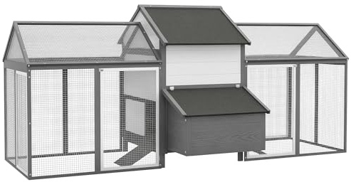PawHut Hühnerstall aus Holz Nistkasten Tablett 247 x 125 x 113,5 cm Grau | Geflügelstall, Doppel-Laufstall, Gehege mit Rampe, Hühnerhaus für Hühner