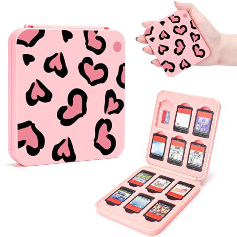 DLseego Étui de Cartes de Jeu pour Switch/OLED/Lite,Love Leopard Print Storage Holder Box avec 12 Cartes de Jeu et 12 Fentes pour Cartes Micro SD,Rose