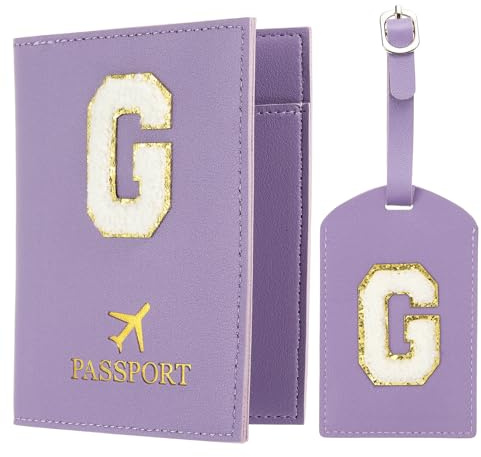 PATIKIL Porta Passaporto da Viaggio, Custodia per Passaporto con Iniziale e Set Etichetta Bagaglio con Toppa in Lettera Chenille, Portafoglio da Viaggio e Identificatore Valigia, Viola G