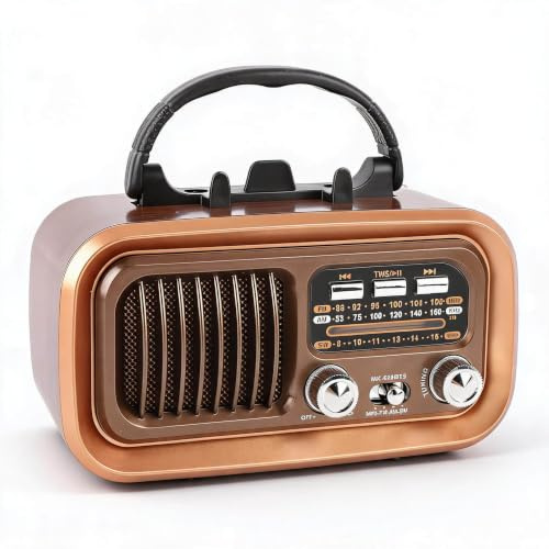 Retro Vintage Radio mit Bluetooth Lautsprecher, Tragbarer Kleiner Vintage AM FM Radio, Solar Batterie Betrieben wiederaufladbar, TWS, Support TF Card USB Spiele für Home (Gold)