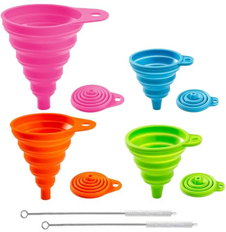 YGCQFH 4 PCS Silicone Collapsible Funnel, Kitchen Funnel with 2 Cleaning Brushes, Multi-use for Filling Bottles or Containers, Portable Small Funnels Set for Liquid Transfer - 4 Sizes