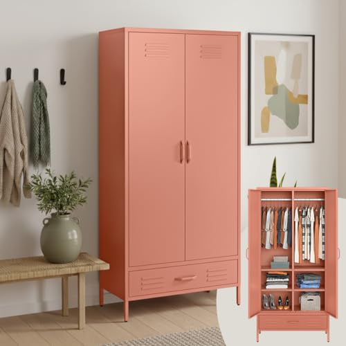 skølm Atria Kleiderschrank Metall – Metallschrank mit 6 Fächern, 2 Kleiderstangen & 1 Schublade – Garderobenschrank in Terrakotta – Metallkleiderschrank 80 cm breit – Schlafzimmerschrank – Flurschrank
