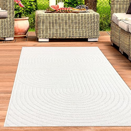 CARPETIA Teppich Wohnzimmer Terrasse Outdoor Boho Strukturmuster wetterfest pflegeleicht robust Creme 140x200 cm