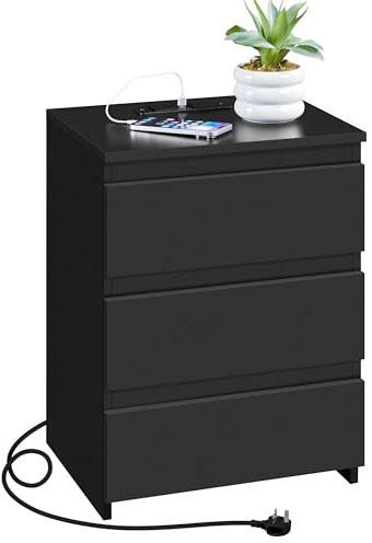 Yaheetech Bedside Table with Charging Station - Nightstand with 2 USB Ports, 2 Outlets & 3 Drawers, End Table for Bedroom, Living Room, Small Spaces, Black