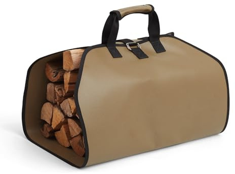 Firewood Carrier Firewood Bag and Fireproof Fireplace Mat Hearth Rug, Great Gift for Cabin, Large Fire Wood Sling Carrier with Handles, Protect Floors Carpets from Sparks Embers-Tan