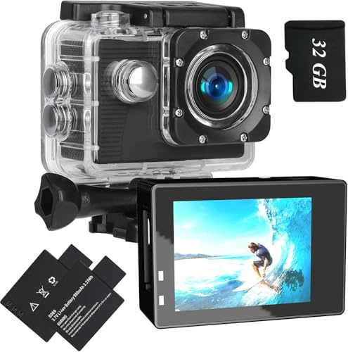 Xilecam Camera Sport 1080P avec Carte Mémoire 32GB,Etanche 131FT Caméra Étanche, avec Deux Piles Rechargeables 900 mAh Caméra Sport et kit d'accessoires