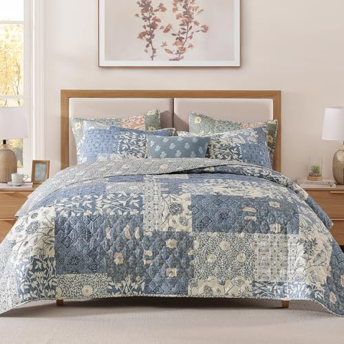 CASAAGUSTO Queen Quilt Set - 3 Pieces Patchwork Blue Quilt Bedding Set, Lightweight Queen Bedspread Coverlet, Reversible Floral Bed Cover for All Seasons (90x94, 1 Quilt + 2 Pillow Shams)
