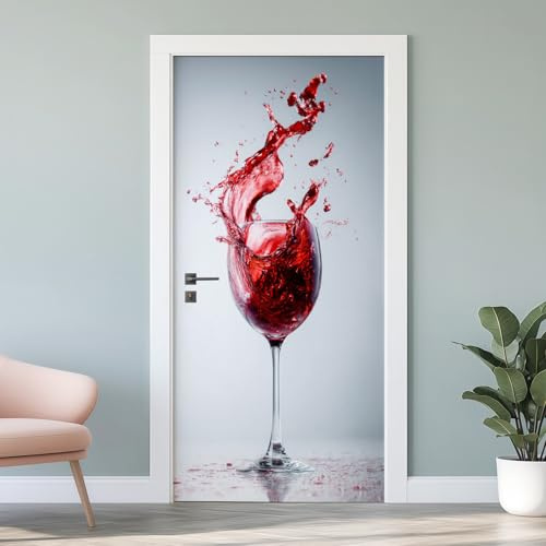 3D Rot Weinglas Türfolie, Alkoholische Getränke Fototapete Selbstklebend Türaufkleber, 77x200 cm, Modern PVC Wandaufkleber für Schlafzimmer Küche Wohnzimmer Badezimmer Deko W4v231