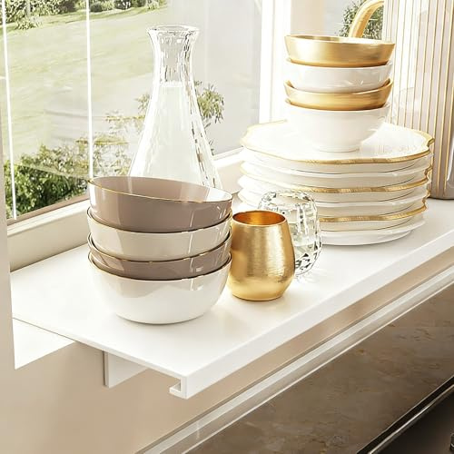 EXCLURA Fensterbank Verlängerung Fensterbankverlängerung mit 2 Magnetfüßen, Fensterbrettverlängerung Ohne Bohren, Fensterablage für Pflanzen in Küche/Bad/Balkon(Beige,L40cm(15 3/4)-W15cm(5 7/8))