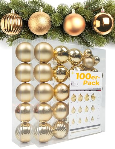 4smile weihnachtskugeln 100er Gold – Elegante christbaumkugeln aus hochwertigem Kunststoff in 3/4/6 cm, Matte/glänzende/glitzernde/Kürbis-Optik