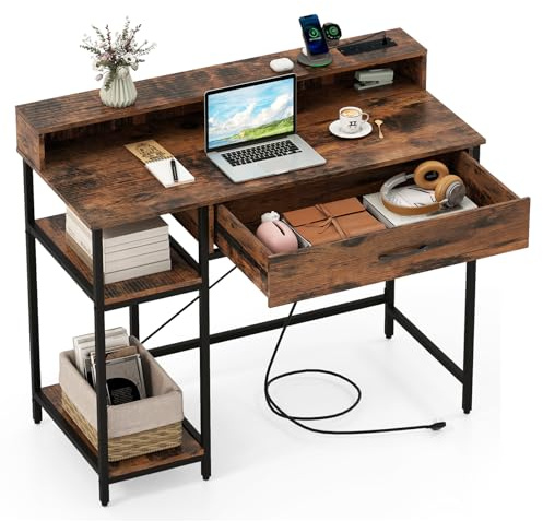 COSTWAY Computer Desk, Wooden Study Table Writing Workstation with Monitor Stand, Storage Shelves & Drawer, Heavy-duty PC Laptop Table Working Desk for Home Office (Rustic Brown, 106 x 48 x 90cm)