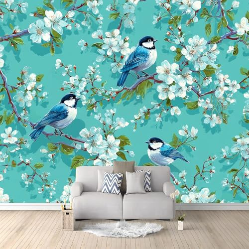 Blu Muralo - Bellissimi Fiori Uccelli Fiori Di Ciliegio Carta da parati 3D per cameretta dei bambini in tessuto non tessuto, per ragazze e ragazzi decorazione da parete 200 x 140 cm