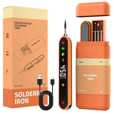 VOKTTA 2026 Power Upgrade Akku Lötkolben mit Ständer, LCD Anzeige Lötkolben Set, Einstellbare Temperatur 180-450°C, 3 Lötspitzen, USB Lötkolben für Reparatur Leiterplatten, Schweißreparaturen - Orange