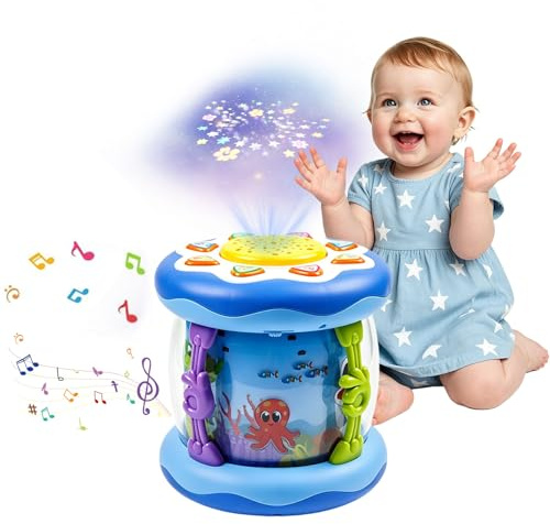 Woollywink Giocattolo Musicale per Bambini 12 mesi +, Giocattolo Bambino 1 Anno con Musica e Luci Colorate Cubo di Attività Rotante con Proiezione Marina Regalo per Ragazzi e Ragazze (Blu)