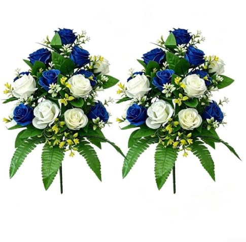 TDCuizent Elegant 2-pack konstgjorda blå- och vita rosbuketter i silke med 18 verklighetstrogna huvuden, varje UV-resistenta falska blommor för kyrkogårdsdekoration gravarrangemang