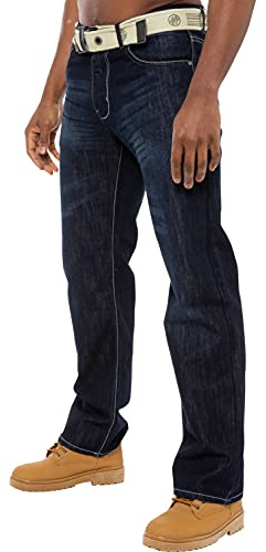 Enzo Mens Straight Leg Jeans Regular Fit Denim Trousers Pants Zip Fly Free Belt