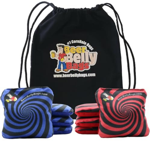 Beer Belly Bags Pro Style Performance Cornhole Bags Turnierverordnung, Harzfüllung, 473 ml, Set mit 8 Stück, inklusive Tragetasche mit Kordelzug, hergestellt in den USA (blau/rote Spirale)