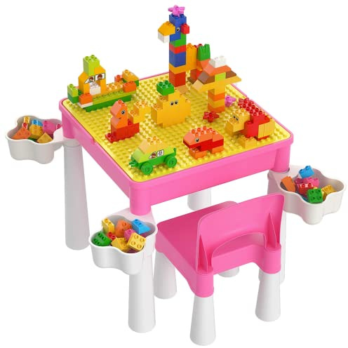 burgkidz Toddler Table and Chair Set, Plastic Kids Activity Table with Chair and 128 Piece Large Creative Bricks Building Construction Toys for Girls, Pink