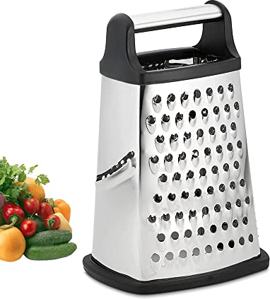 VBOK IGFE Rallador de 4 lados de acero inoxidable, rallador de cocina para rallar frutas y verduras, zanahorias, queso, apto para lavavajillas