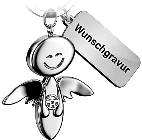 FABACH Schutzengel Schlüsselanhänger Smile mit Lenkrad und persönlicher Wunschgravur - Edler Engel Anhänger aus Metall - Geschenk Glücksbringer eigene Gravur - Wunschtext individuell graviert