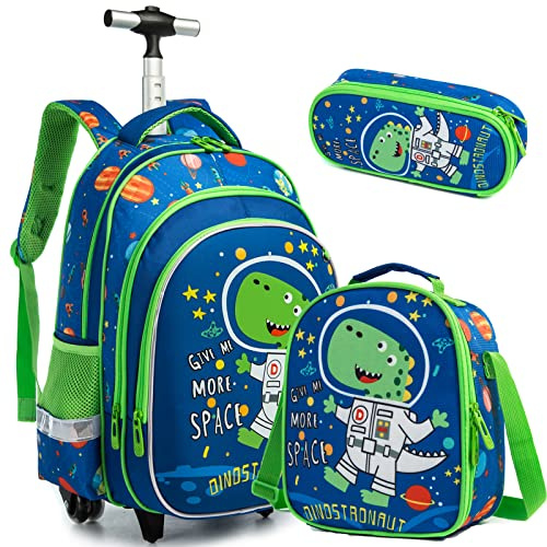 Egchescebo School Bags Kids Rolling Dinosaur Backpack With Wheels Trolley - 3PCS Boys Cat Backpack With Lunch Box Blue