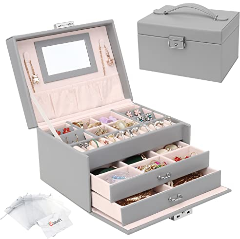 Jewellery Box Organiser, 3 Layers PU Leather Jewelry Storage Case with Mirror and Lock, Lockable Jewellery Organiser with 2 Drawers for Rings, Bracelets, Earrings, Grey