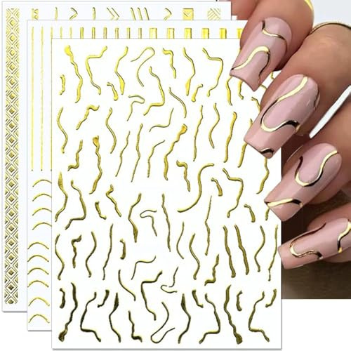 Dornail 6 Blatt Gold Linien Nagelsticker 3D Metallic Wellen Streifen Linie Nagelaufkleber Selbstklebend Nagel Aufkleber Nail Art Stickers Nailart Nageldesign Nagelkunst Nägel DIY Dekoration