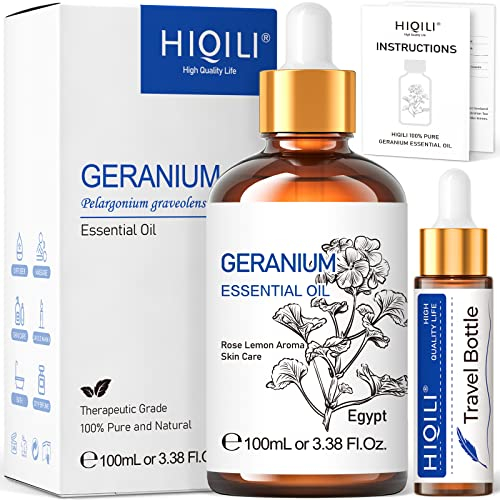HIQILI Geranium Essential Oil, 100% Pure & Natural for Aromatherapy, Diffuser, Spray, Skin, Hair, Body Wash, Soap & Candle Making - 100ml