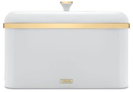 Tower Cavaletto Bread Bin in Optic White with Brushed Champagne Gold Accents. Modern & Contemporary Kitchen Storage