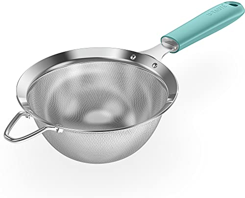 18/8 Stainless Steel Mesh Sieve: U-Taste Kitchen Metal Fine Mesh Sieve Strainer with Riveted Sturdy Silicone Handle and 30 Mesh Hole for Straining Flour, Tea, Coffee, Juice (Aqua Sky, 14 cm)