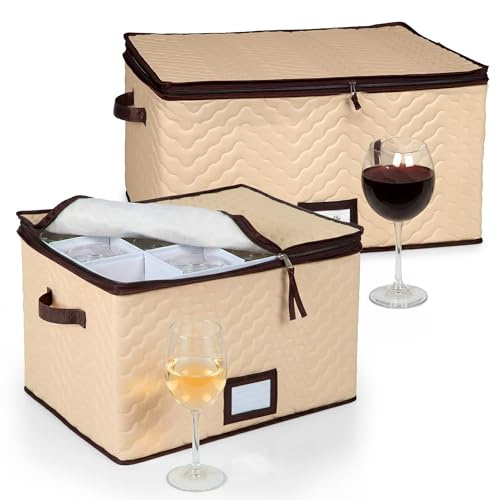 Wine Glass Storage Box with Dividers - Stemware Storage Case, Durable Quilted Microfiber Bin with Carry Handles, Protects Fine China - (2 Pack, Red & White Wine Glass)