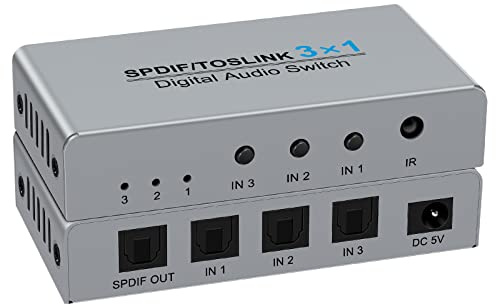 HDSUNWSTD 3 Port Digital Toslink Optical Fiber Audio Switch Splitter 3X1 (3 in 1 Out),3 Port Spdif Toslink Optical Switch for TV PS5 PS4 PS3 Xbox Blue-Ray DVD HDTV with Optical Cable