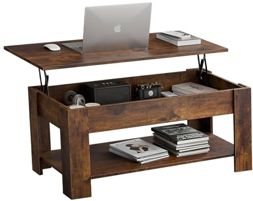 Blisswood Coffee Table With Storage, Lift Up Coffee Tables for Living Room, Wooden Coffee Table With 1 Shelf Large Hidden Storage Modern Rectangular Sofa End Lift-Top Tea Table Furniture, Rustic Brown