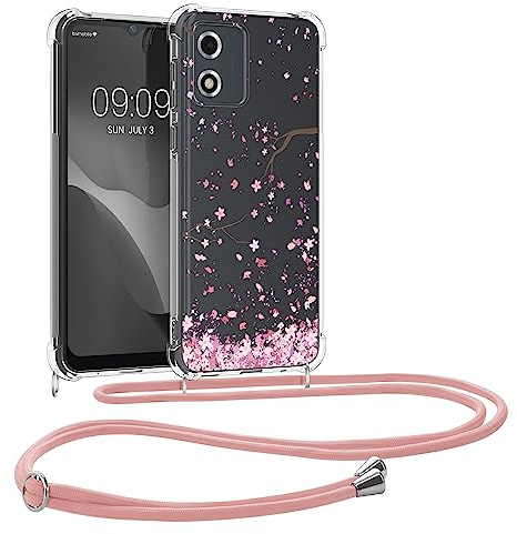 kwmobile Carcasa Compatible con Motorola Moto E13 Funda con Cuerda - Funda con Correa Colgante - Cordón Ajustable - Bordes elevados - Flores Cerezo cayendo
