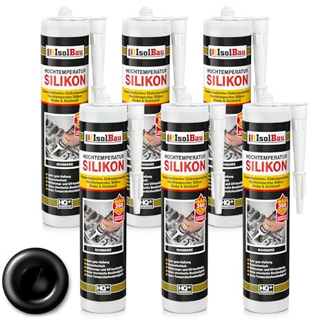 Isolbau Mastic silicone haute température pour réparation et remplissage des fissures dans les cheminées et fours, résistant aux hautes températures jusqu'à + 350 °C, 6 x 300 ml