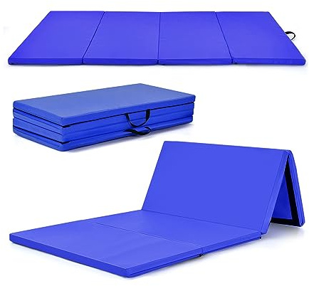 GOPLUS Colchoneta de Gimnasia Plegable 240 cm x 116 cm x 5 cm, Colchoneta de Tumbling Plegable con Asas de Transporte, Cierres de Gancho y Bucle para Yoga, Estiramientos, Aeróbicos (Azul)