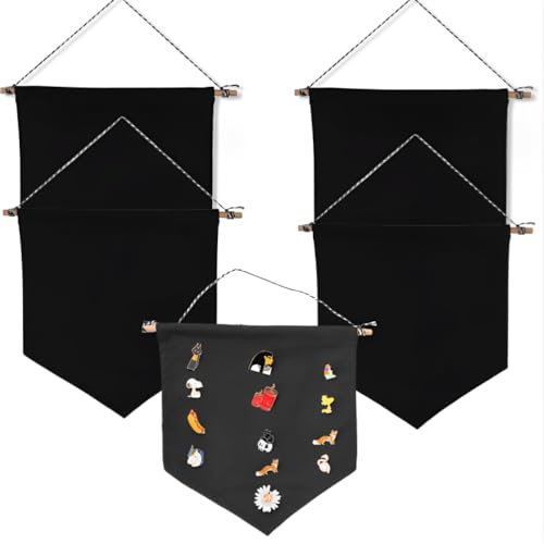 5 x schwarze Wand-Banner, Flagge mit Holzstab, blanko, Leinwand-Banner, Wandbehang, Emaille-Pin, Display-Banner, für Ausstellungsabzeichen, Knöpfe, Revers-Kollektionen (schwarz)