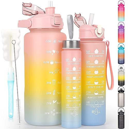 OKKLE 3 x Wasserflasche, 2 l, 700 ml, 300 ml, BPA-frei, auslaufsicher, wiederverwendbar, Sport-Wasserflasche mit Griff und Strohhalm, für Fitnessstudio, Schule, Büro, Outdoor