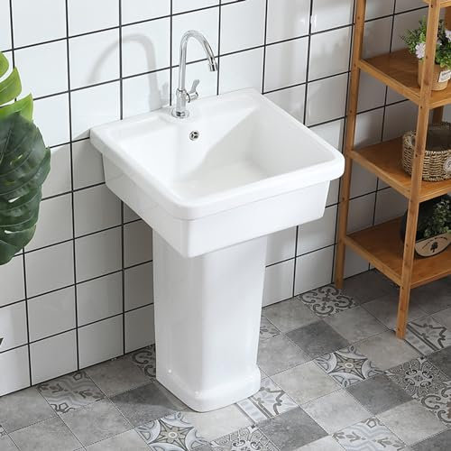 Standwaschbecken, weißes Standwaschbecken, traditionelles Standwaschbecken, Haushaltswaschbecken mit Wasserhahn- und Abflusskombination, Gästetoilette
