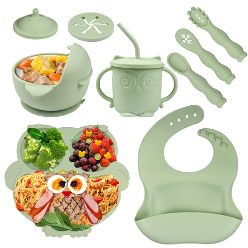 Bwaliffury Kinderteller Sets Silikon, 9 Stücke Rutschfest Geschirr Sets Mit Löffel Geteilte Platte und Lätzchen, Baby Geschirrset mit Saugnapf, Silikon Geschirr Baby für Kleinkinder
