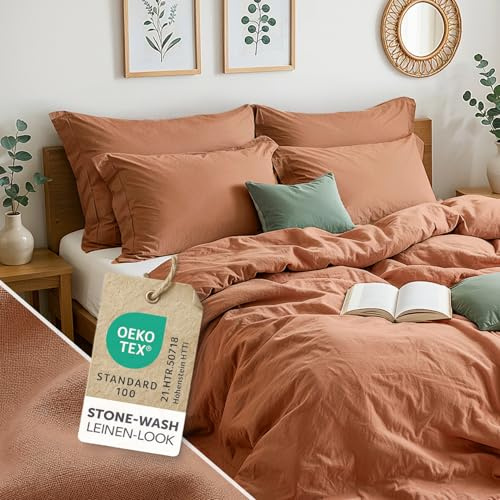Blumtal Ropa De Cama 135x200 Cm Algodón 100% - Certificación OEKO-TEX - Diseño Lino - Stone Washed Marrón - Funda Nórdica 135x200 Y Almohada 40x80