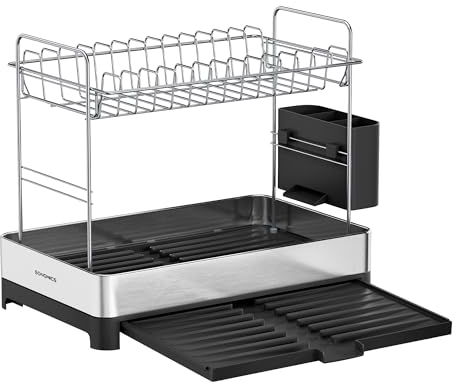 SONGMICS Escurreplatos de 2 Capas, Escurreplatos Extensible, Escurridor de Acero Inoxidable con Soporte para Utensilio, Inoxidable, para Platos, Cuchillos, Cucharas, Tenedores, Plata y Negro KCS036B01