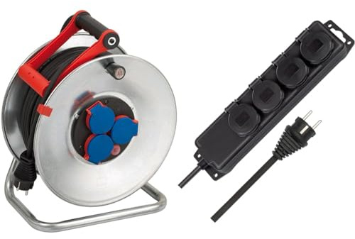 Brennenstuhl Garant S IP44 Kabeltrommel, 50m - Stahlblech & Steckdosenverteiler IP44 4-fach (Steckdosenleiste für den Baustelleneinsatz und den ständigen Einsatz im Freien, 2m Kabel) schwarz