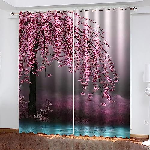 Vorhang, Kinderzimmer, 3D Rosa Blumenbäume 2 X 110 X 215 Cm Kindervorhänge Mit Ösen, Polyestervorhänge, Wärmeschutzvorhang, Blickdichter Vorhang Mit Ösen, Kindervorhänge Für Wohnzimmer, Sch -5X2L6S7B5