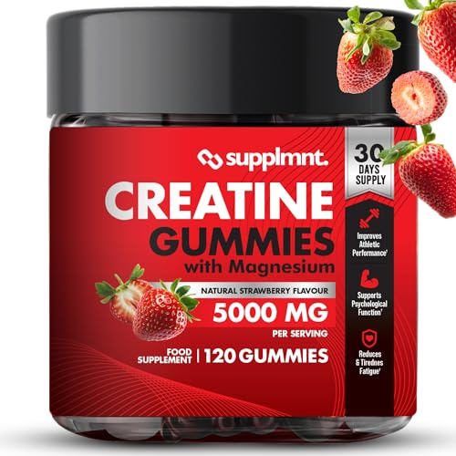 Creatine Gummies 5000mg 120ct Max Strength Muscle Growth Recovery Supplements for Men & Women Creatine Monohydrate with Magnesium - Vegan Pre Workout Chewable Gummies, 1 Month Supply (Strawberry)